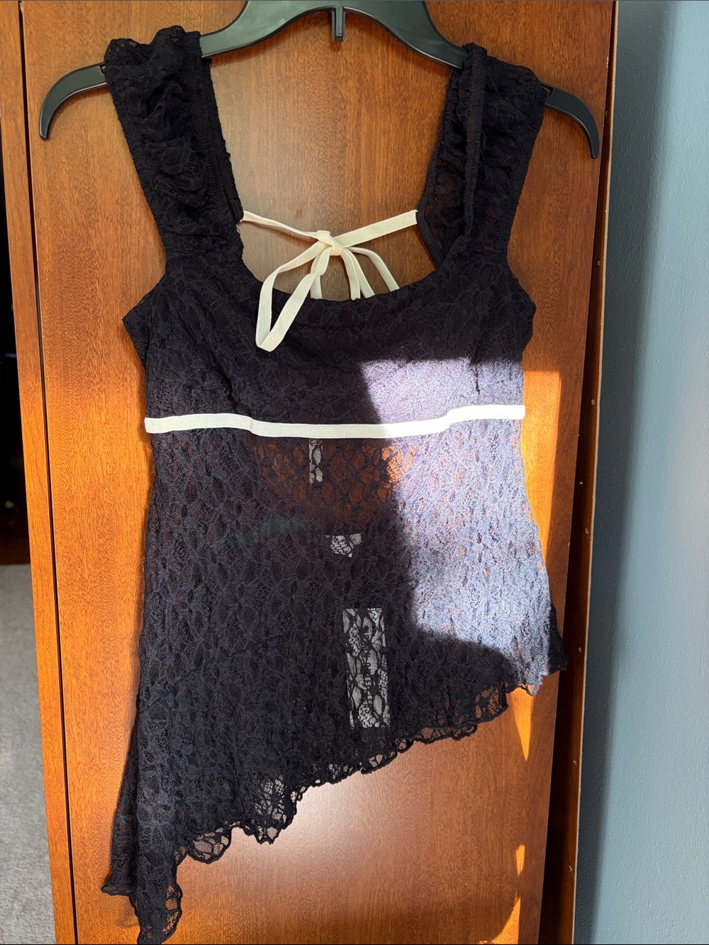 NWT Kimchi Blue Black Lace Asymmetrical Tank with Cream Trim - Size SP